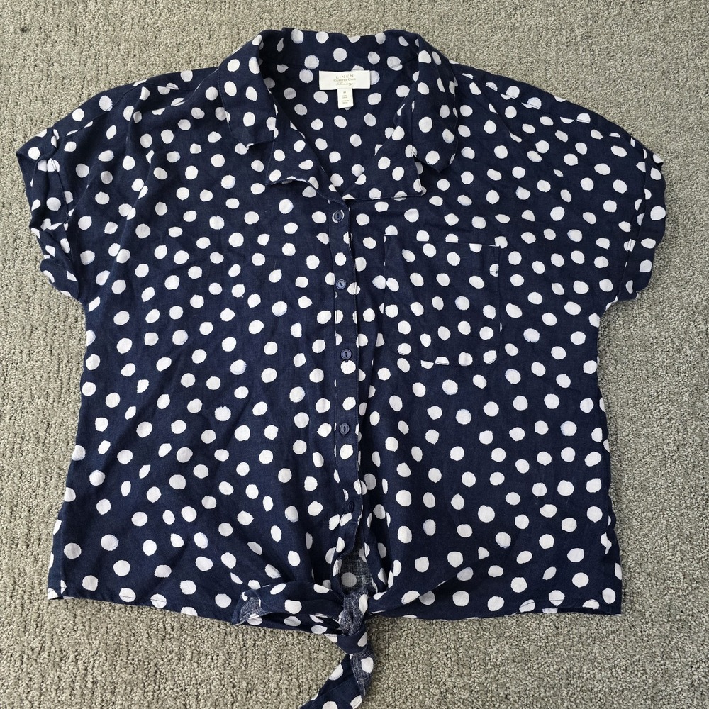Charter Clubβ 100% Linen Polka Dot Tie Front Blouse Coastal Nautical M
